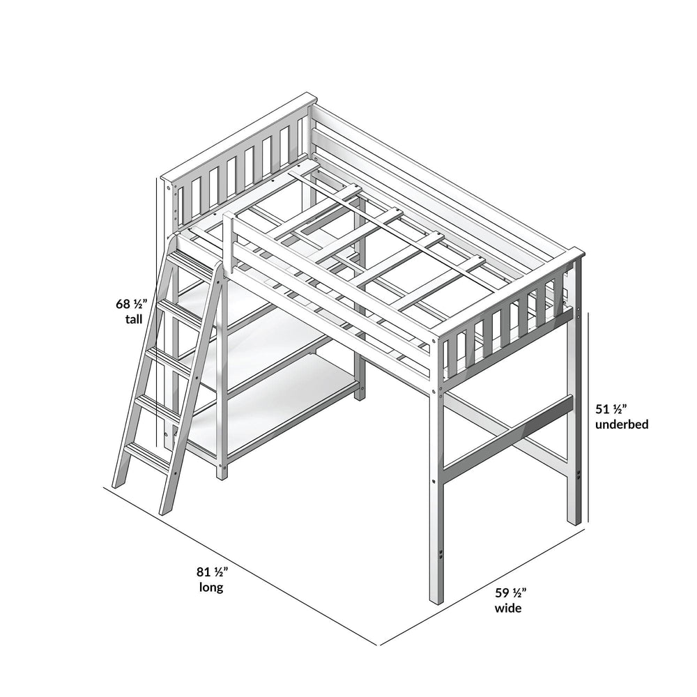 180218-002 : Loft Beds Twin-Size High Loft Bed With Bookcase, White