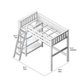 Wooden loft bed frame with ladder and guardrails, slatted mattress support and underbed storage, assembly diagram with dimensions 81½″ long × 59½″ wide × 68½″ tall