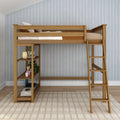Space-saving wooden loft bed with ladder and built-in shelves in a modern kids' bedroom featuring blue striped wallpaper and neutral bedding