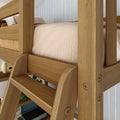 Close-up of a solid wood bunk bed ladder and side rail with beige quilted bedding, wooden steps, blue-striped accent wall and record player on a lower shelf in a modern kids bedroom