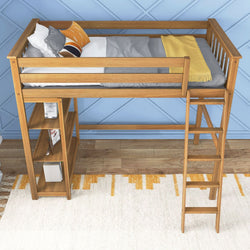 180218-007 : Loft Beds Twin-Size High Loft Bed with Bookcase, Pecan