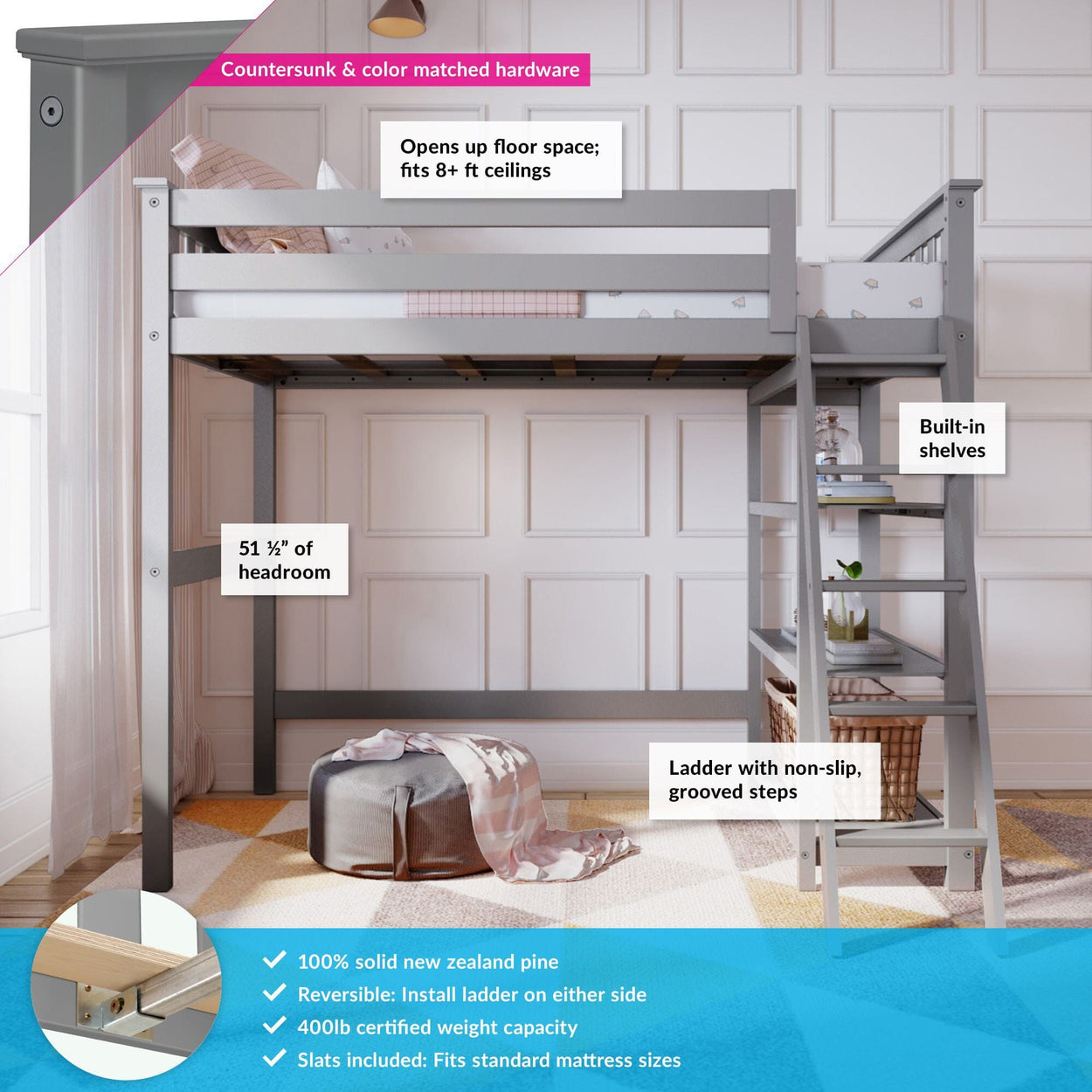 180218-121 : Loft Beds Twin-Size High Loft Bed with Bookcase, Grey