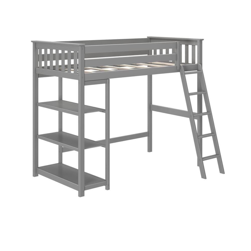 180218-121 : Loft Beds Twin-Size High Loft Bed With Bookcase, Grey