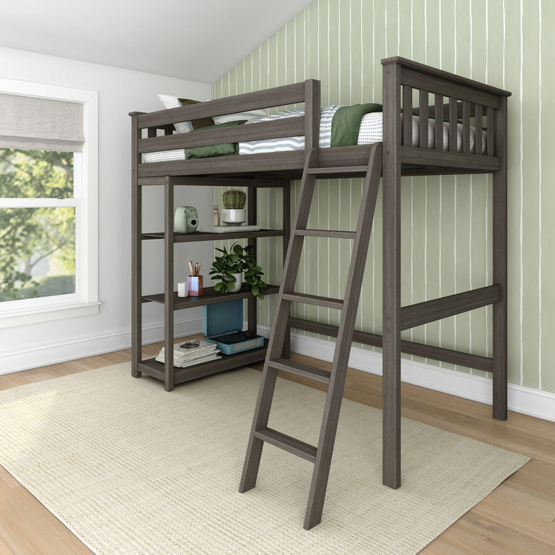 Loft bed with shelves and ladder in a modern bedroom with green striped wallpaper.