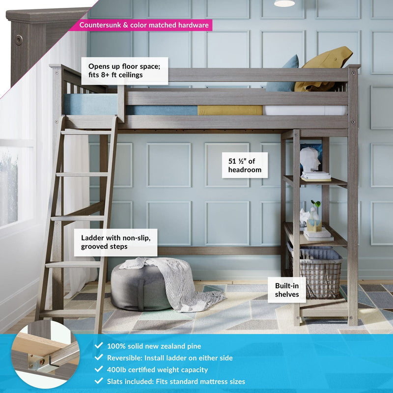Loft bed made from solid New Zealand pine with ladder, built-in shelves, and ample headroom; space-saving design for rooms with 8+ ft ceilings.
