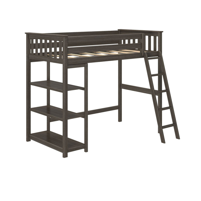 Gray wooden loft bed with ladder and built-in shelves.