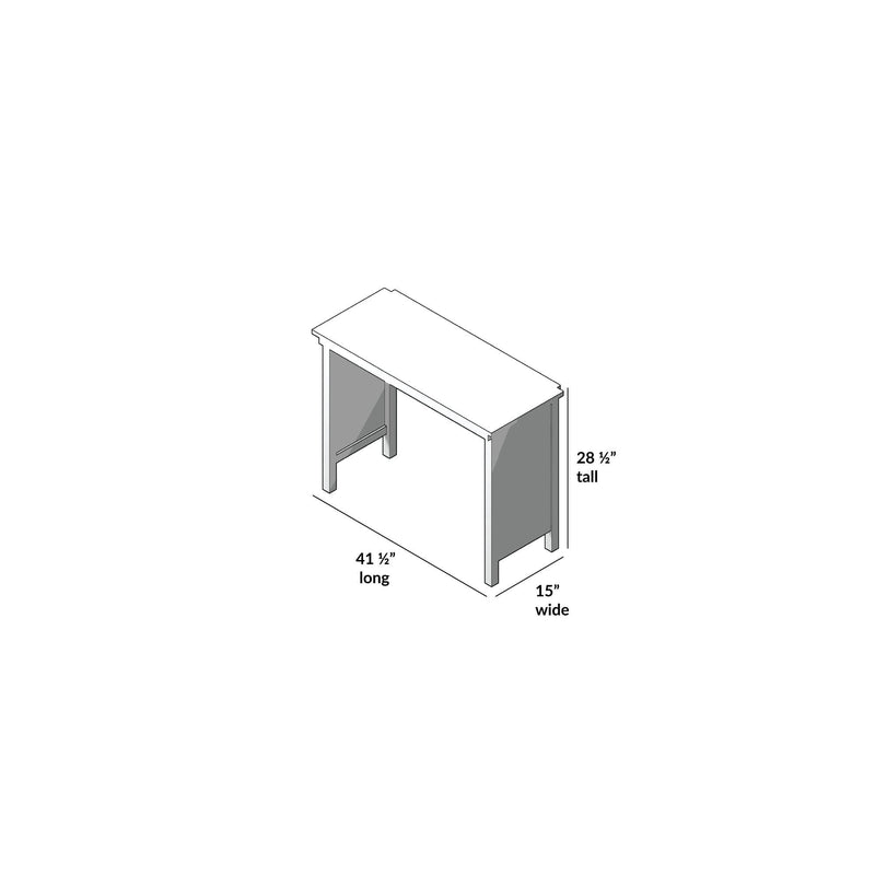 Compact white desk dimensions, 41.5 inches long, 15 inches wide, 28.5 inches tall, ideal for small spaces.