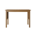 Rectangular natural oak wooden dining table with straight legs and minimalist design on white background