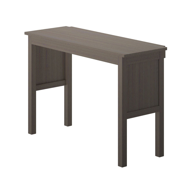 Compact dark oak console desk with panel legs and narrow tabletop, modern farmhouse wooden writing table for small home office or hallway