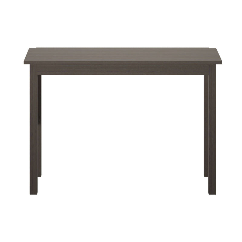 Dark brown rectangular wooden writing desk with straight legs, compact modern computer desk for home office or study, minimalist table on white background