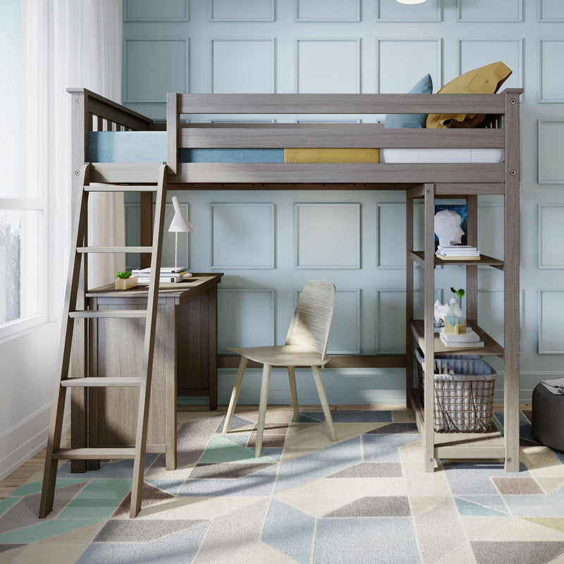 Modern twin loft bed in gray wood with built-in desk, ladder and shelving, chair and geometric rug in a light-blue kids' bedroom study nook