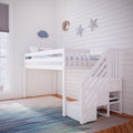 Bright children's bedroom with a white loft bed and built-in staircase storage, blue-striped bedding, shiplap wall with moon and star decor, large window and multicolor striped rug