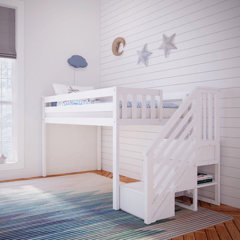 Bright children's bedroom with a white loft bed and built-in staircase storage, blue-striped bedding, shiplap wall with moon and star decor, large window and multicolor striped rug