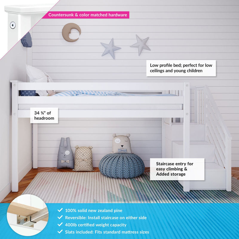 White low-profile bunk bed with staircase entry, crafted from 100% solid New Zealand pine, perfect for low ceilings and children, featuring 400lb weight capacity and reversible stairs for extra storage.