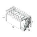 Twin loft bed with staircase and built-in storage steps, assembly diagram showing slatted guard rails and frame, dimensions 99 1/2 in long × 42 1/2 in wide × 50 in tall with 33 1/4 in underbed clearance
