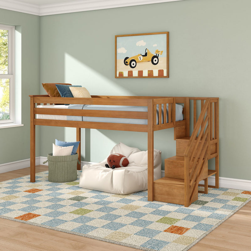 Kids wooden loft bed with staircase storage, pastel checkered rug, beanbag and framed yellow race car wall art on light green bedroom wall