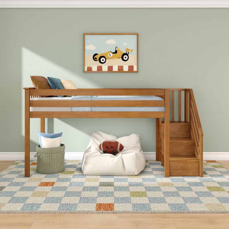 Kids bedroom with wooden bunk bed, blue-and-beige checkered rug, bean bag with plush football and framed yellow race car wall art