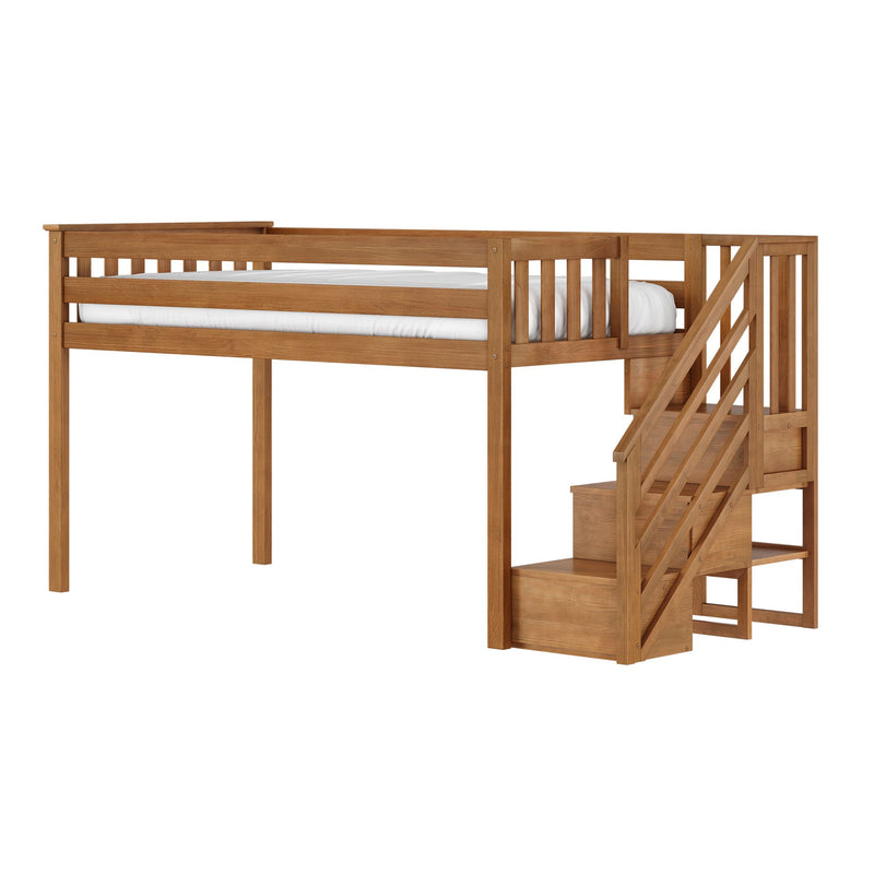 Solid wood loft bed with staircase and built-in storage, twin-size space-saving wooden bunk bed in natural oak finish