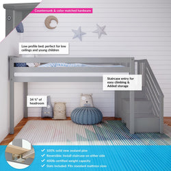 180224-121 : Loft Beds Twin-Size Low Loft With Stairs, Grey