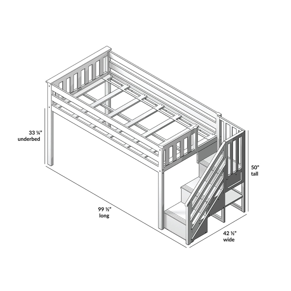 180224-121 : Loft Beds Twin-Size Low Loft With Stairs, Grey