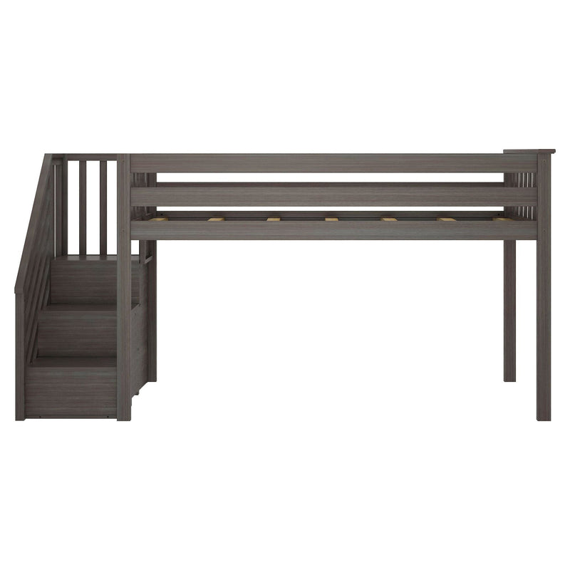 Gray wooden loft bed with side stairs and open space beneath for storage or play.