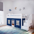 White loft bed with built-in stairs and navy playhouse curtain, striped rug and star wall decor in bright modern children's bedroom