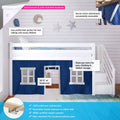 White low-profile children's loft bed with staircase and navy playhouse curtain, 100% New Zealand pine, reversible staircase, 34¾" headroom, 400 lb certified weight capacity, fits standard mattress