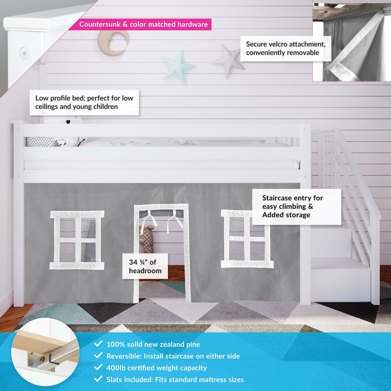 White low-profile loft bed for kids with staircase, featuring secure velcro curtain, 34.75-inch headroom, and solid New Zealand pine construction.