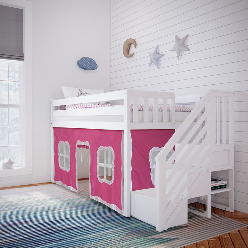 Children's loft bed with pink tent canopy and stairs in a bright white bedroom.