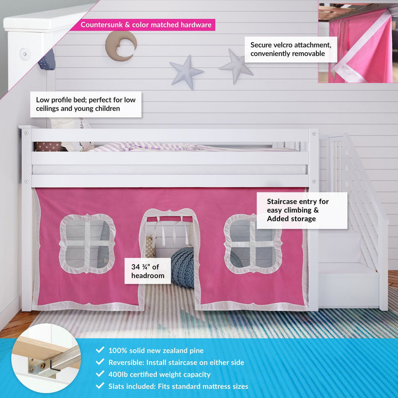 White loft bed with pink curtains, staircase entry, secure velcro attachment, solid New Zealand pine construction, reversible staircase, 400lb weight capacity, suitable for low ceilings and children.