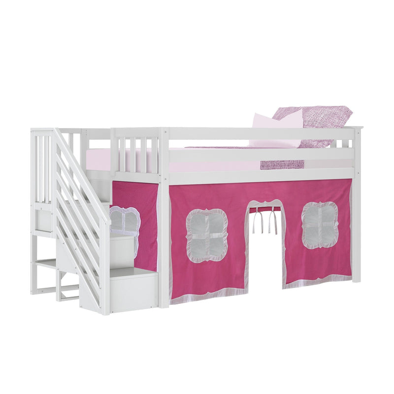 White wooden loft bed with pink curtain playhouse and stairs, ideal for kids' bedroom furniture.