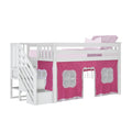 White wooden loft bed with built-in staircase storage and pink under-bed playhouse curtain, twin-size girls bed with pink bedding and pillows