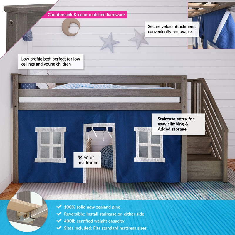 Children's wooden bunk bed with blue play area curtain, staircase for easy access, low profile design for safety, made from solid New Zealand pine.
