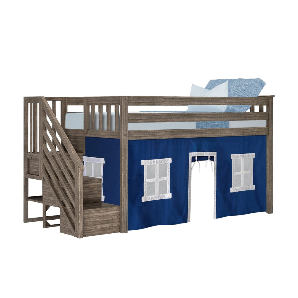 180224151022 : Loft Beds Twin-Size Low Loft With Stairs With Curtain, Clay + Blue