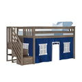 Gray wood twin loft bed with built-in staircase and storage, blue play-tent curtain with white window panels, mattress and pillows