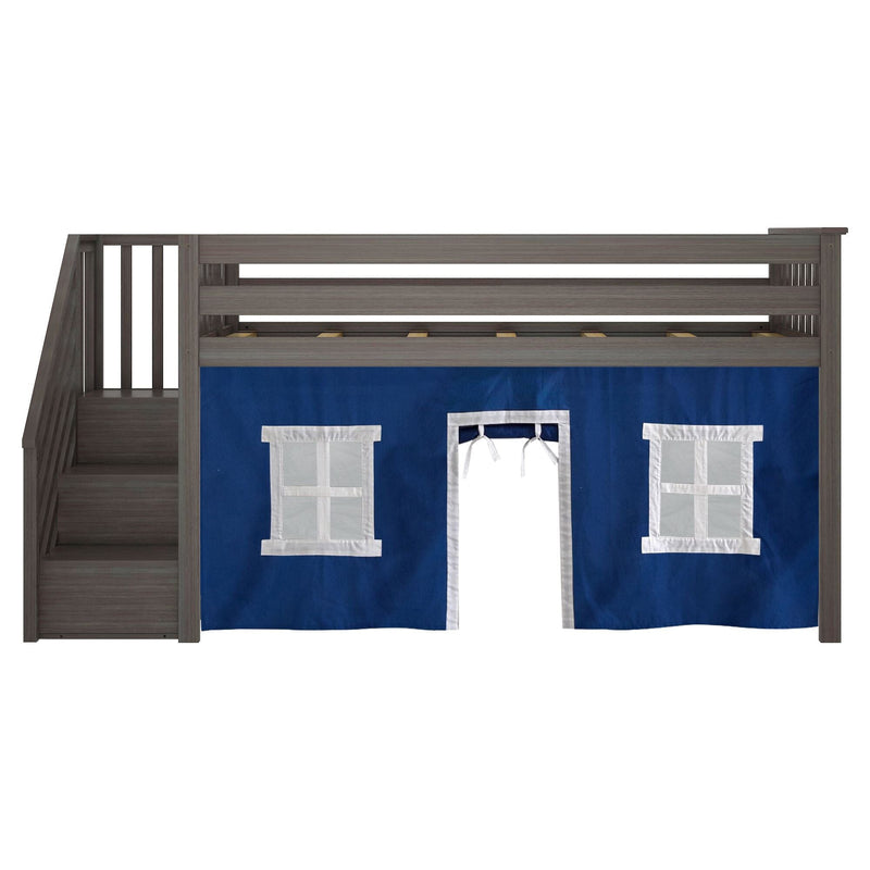 Gray wooden loft bed with blue and white playhouse curtain and built-in staircase, ideal for kids' rooms.