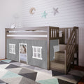Grey wooden kids loft bed with built-in staircase and playhouse curtain, modern toddler bunk bed in nursery with geometric rug and star-and-moon wall decor