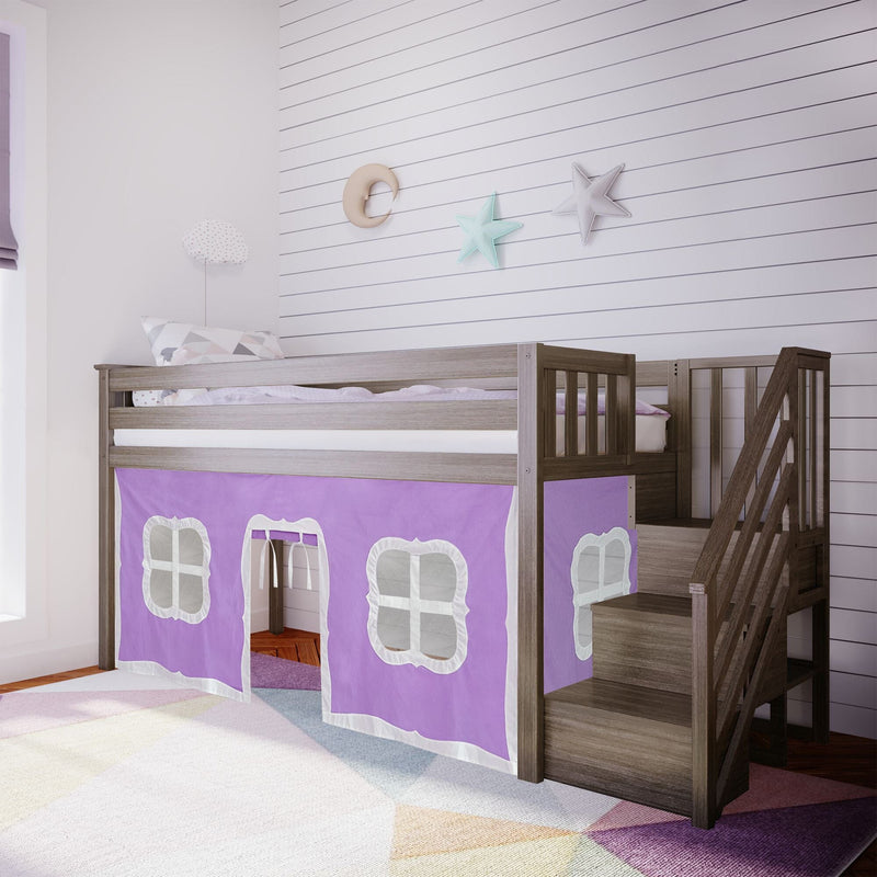 Loft bed with purple playhouse curtain and wooden staircase in a modern kids' bedroom.