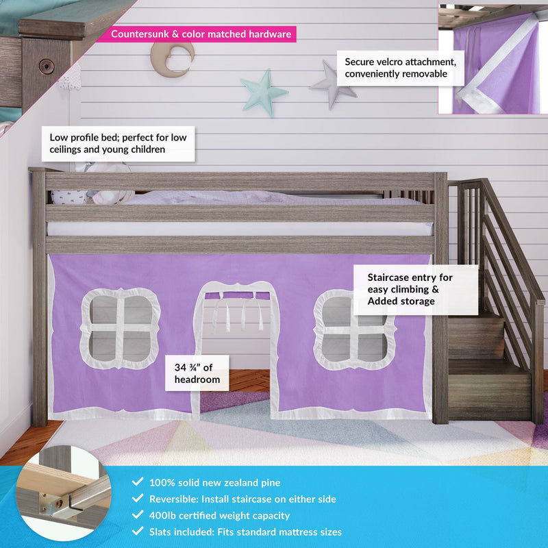 Wooden loft bed with purple fabric curtain, staircase for storage, low profile design ideal for children, featuring solid New Zealand pine, reversible staircase, and 400lb weight capacity.