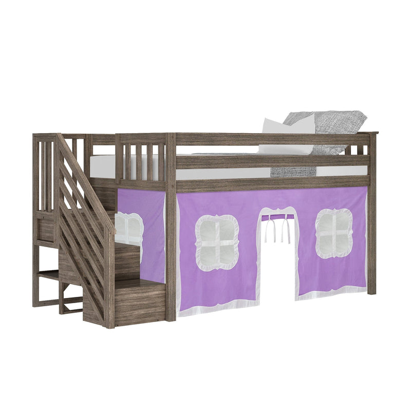 Loft bed with wooden stairs and purple playhouse curtain, perfect for kids' bedroom furniture.