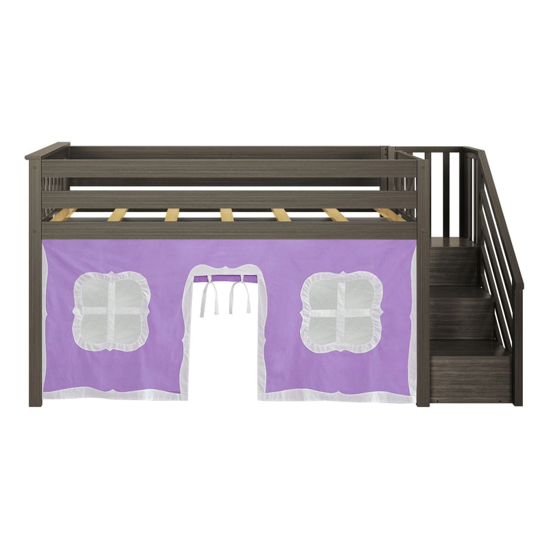 Loft bed with purple playhouse curtain and side staircase, perfect for kids' bedroom furniture.