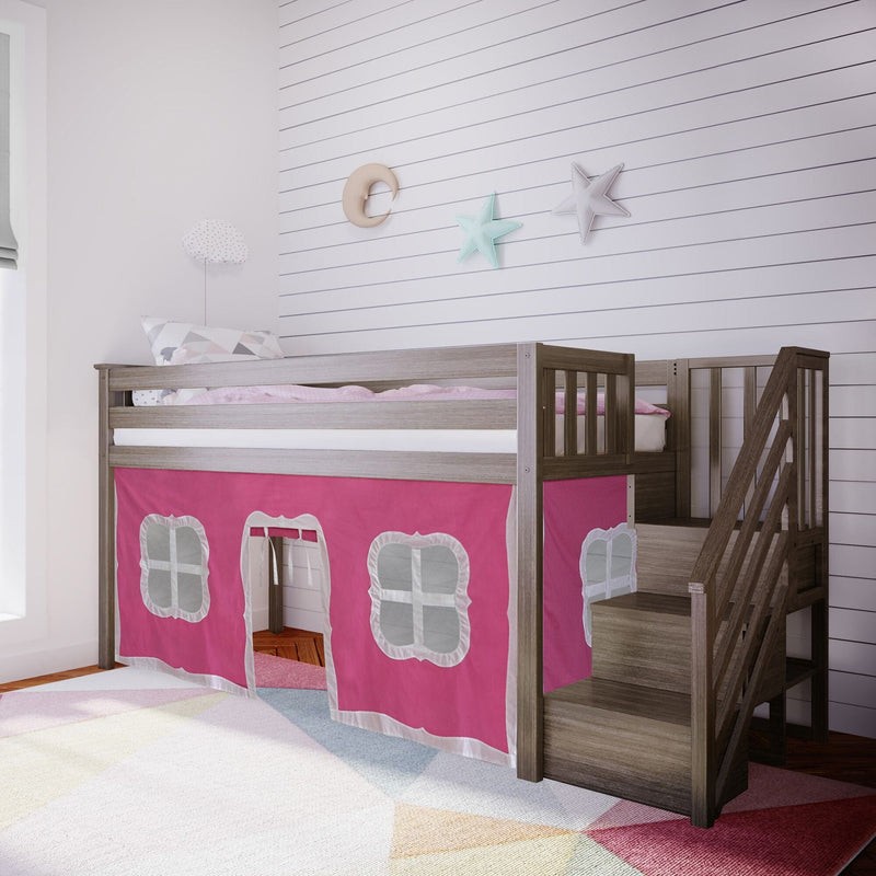 Wooden loft bed with pink playhouse curtain for kids' bedroom.