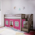 Loft bed with pink playhouse curtain, wooden stairs and built-in storage in a modern girls' kids bedroom with white shiplap wall and star-and-moon decor