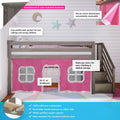 Low-profile kids loft bed with staircase entry and pink playhouse curtain, 100% New Zealand pine, 34 3/4″ headroom, 400 lb capacity, reversible stairs