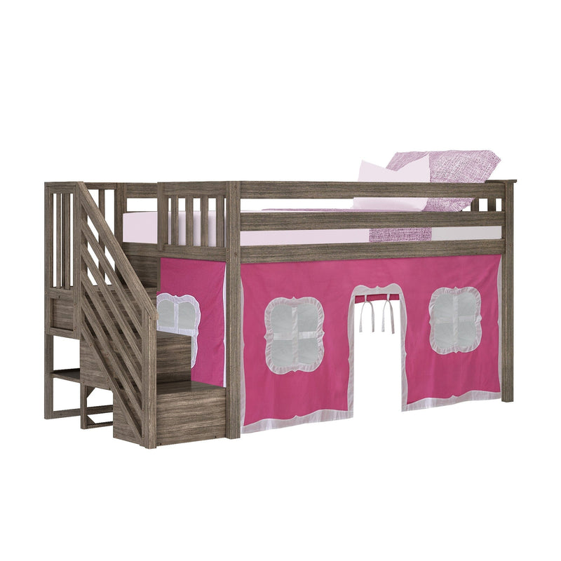 Children's loft bed with wooden staircase and pink playhouse curtain attachment.