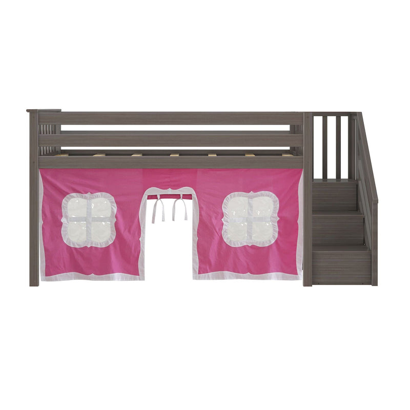 Gray loft bed with stairs and pink playhouse curtain for children's bedroom furniture.