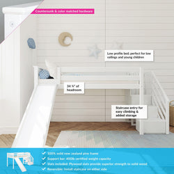 180225-002 : Loft Beds Twin Low Loft with Stairs and Slide, White