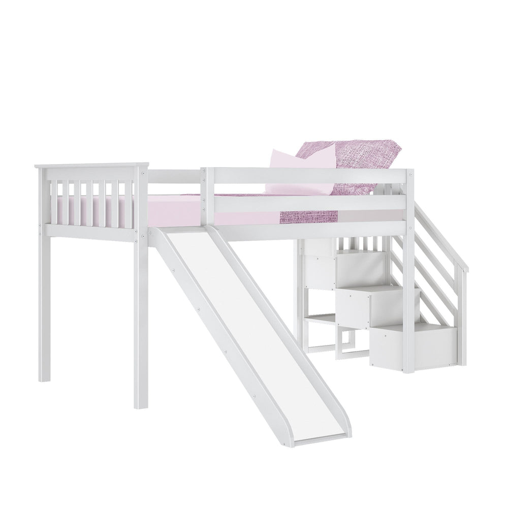 180225-002 : Loft Beds Twin Low Loft With Stairs & Slide, White