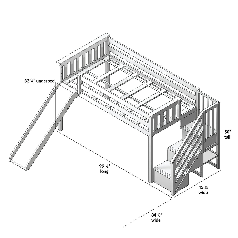 180225-002 : Loft Beds Twin Low Loft With Stairs & Slide, White