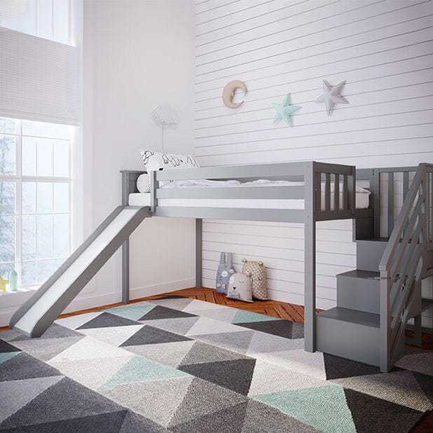 180225-121 : Loft Beds Twin Low Loft With Stairs & Slide, Grey